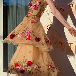 Marchesa Notte Floral Appliqué Tiered Tulle Evening Gown